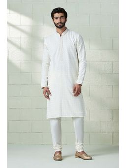 Twamev - Men White Embroidered Kurta with Churidar (Set of 2)
