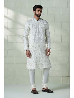Twamev - Men Cream Embroidered Kurta with Churidar (Set of 2)