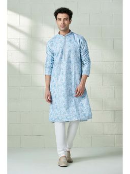 Twamev - Men Blue Embroidered Kurta with Churidar (Set of 2)