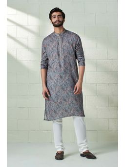 Twamev - Men Grey Floral Kurta with Churidar (Set of 2)