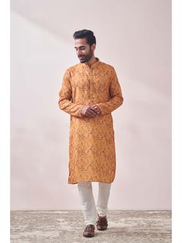 Twamev - Men Yellow Floral Kurta with Churidar (Set of 2)