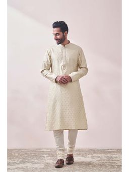 Twamev - Men Beige Embroidered Kurta with Churidar (Set of 2)