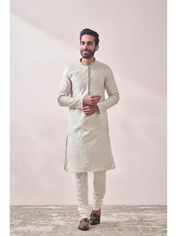 Twamev - Men Cream Printed Kurta with Churidar (Set of 2)
