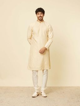 Twamev - Men Beige Embroidered Kurta with Churidar (Set of 2)