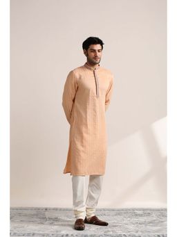 Twamev - Men Peach Embroidered Kurta with Churidar (Set of 2)