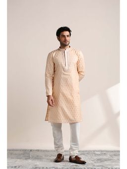 Twamev - Men Peach Woven Kurta with Churidar (Set of 2)
