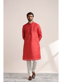 Twamev - Men Red Embroidered Kurta with Churidar (Set of 2)