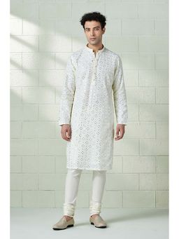 Twamev - Men White Embroidered Kurta with Churidar (Set of 2)