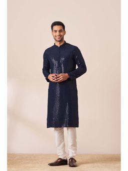 Twamev - Men Navy Blue Embellished/Sequined Kurta with Churidar (Set of 2)