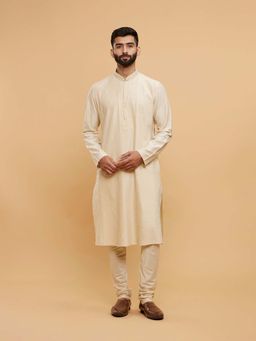 Twamev - Men Beige Embroidered Kurta with Churidar (Set of 2)