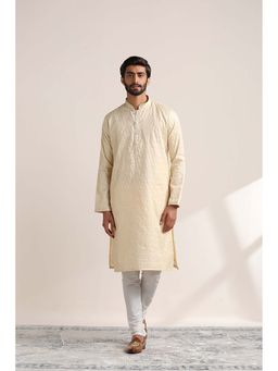 Twamev - Men Beige Embroidered Kurta with Churidar (Set of 2)