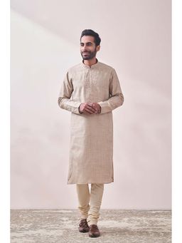 Twamev - Men Beige Embroidered Kurta with Churidar (Set of 2)
