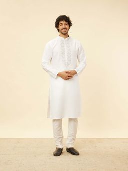 Twamev - Men White Embroidered Kurta with Churidar (Set of 2)