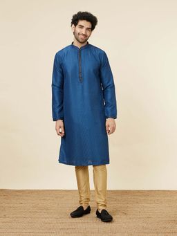 Twamev - Men Navy Blue Embroidered Kurta with Churidar (Set of 2)