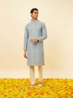 Twamev - Men Blue Embroidered Kurta with Churidar (Set of 2)