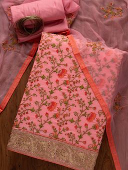 Koskii - Baby Pink Zariwork Georgette Semi-Stitched Salwar Suit (Set of Three)