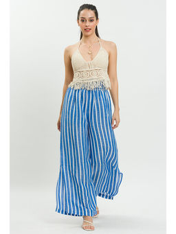 How When Wear - Blue Stripe Trousers With Side Slit Details