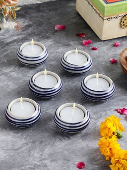VarEesha - Hand-Made Blue Spiral Blue Ceramic Tea Light Holders Set Of Six
