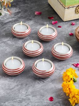 VarEesha - Hand-Made Red Spiral Blue Ceramic Tea Light Holders/ Diyas Set Of Six