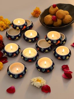 VarEesha - Multicolored Petals On Blue Ceramic Diyas / Teal Light Holders Set Of 12
