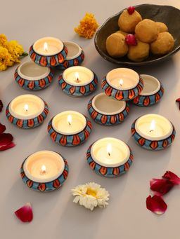 VarEesha - Blue Orange Ceramic Diyas / Teal Light Holders Set Of 12
