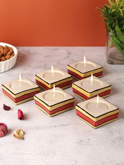 VarEesha - Red Yellow Stripes Square Ceramic Diyas/ Tea Light Holders Set Of Six