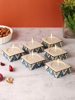 VarEesha - Blue Triangles with Yellow Square Ceramic Tea Light Holders Set Of Six