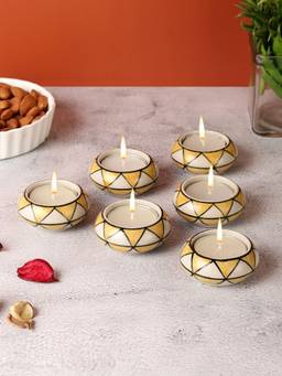 VarEesha - Yellow Triangles Ceramic Diyas/ Tea Light Holders Set Of Six