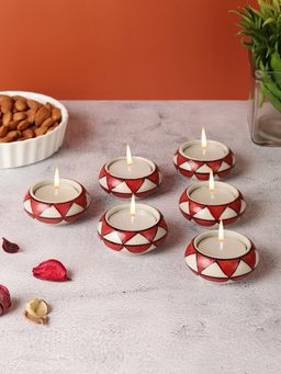 VarEesha - Red Triangles Ceramic Diyas/ Tea Light Holders Set Of Six
