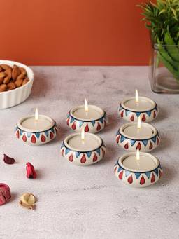 VarEesha - Red Drops Green Ceramic Diyas/ Tea Light Holders Set Of Six