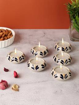 VarEesha - Navy Blue Flowers with Yellow Ceramic Tea Light Holders Set Of Six