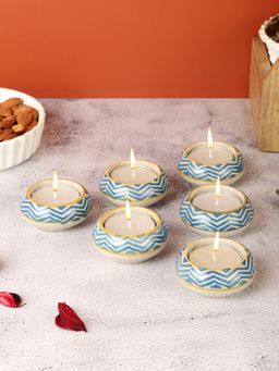 VarEesha - Blue Chevron Ceramic Diyas/ Tea Light Holders Set Of Six
