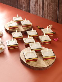 VarEesha - Red Yellow Stripes Square Ceramic Diyas/ Tea Light Holders 12 Pc Set