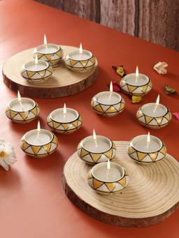 VarEesha - Yellow Triangles Ceramic Diyas/ Tea Light Holders 12 Pc Set