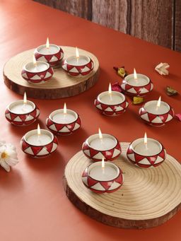 VarEesha - Red Triangles Ceramic Diyas/ Tea Light Holders 12 Pc Set