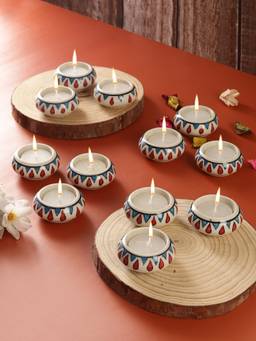 VarEesha - Red Drops Green Ceramic Diyas/ Tea Light Holders 12 Pc Set