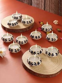 VarEesha - Navy Blue Flowers with Yellow Ceramic Tea Light Holders 12 Pc Set