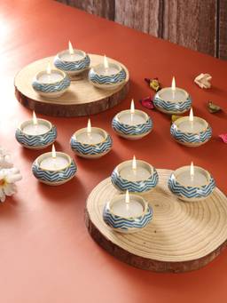 VarEesha - Blue Zigzag Ceramic Diyas/ Tea Light Holders 12 Pc Set