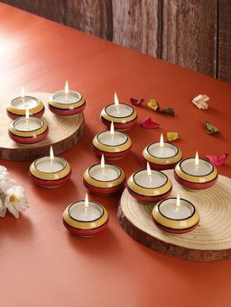 VarEesha - Red Yellow Stripes Ceramic Diyas/ Tea Light Holders 12 Pc Set