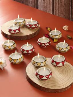 VarEesha - Red and Yellow Triangles Ceramic Diyas/ Tea Light Holders 12 Pc Set