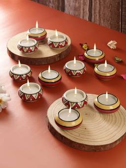 VarEesha - Red Yellow Stripe Triangles Ceramic Tea Light Holders 12 Pc Set