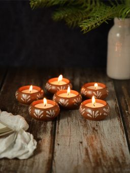 VarEesha - Handmade Floral Pattern Terracotta Ceramic Diya| Tea Light Holders Set Of 6