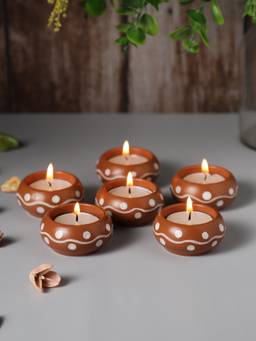 VarEesha - Handmade Traditional Border Terracotta Ceramic Tea Light Holders Set Of 6