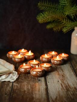 VarEesha - Hand Painted Floral Pattern Terracotta Ceramic Tea Light Holders Set Of 12