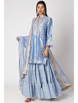 Gopi Vaid - Blue Gota Work Kurta With Sharara & Dupatta - Customisable (Set of 3)