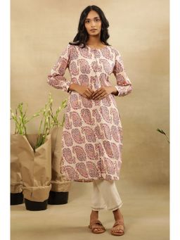 Folksong - Women Off White Paisley Printed Cotton Straight Kurta