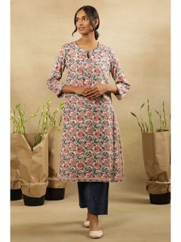 Folksong - Women Off White Floral Print Viscose Straight Kurta