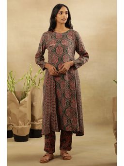 Folksong - Women Green Festive Printed Viscose Flared Kurta