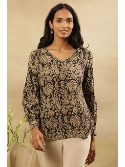 Folksong - Women Black Floral Print Cotton Straight Top