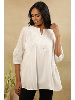 Folksong - Women White Solid Cotton A-Line Top